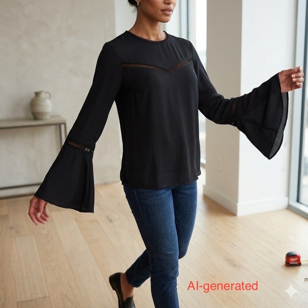 Rebecca Minkoff Blouse XS Black Crochet Lace‎ Trim Bell Sleeve Boho Chic Sheer